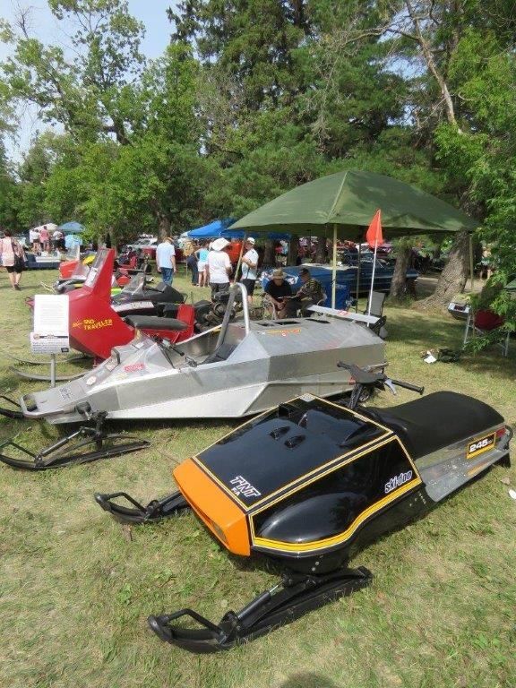 Several snowmobiles are parked in a grassy field