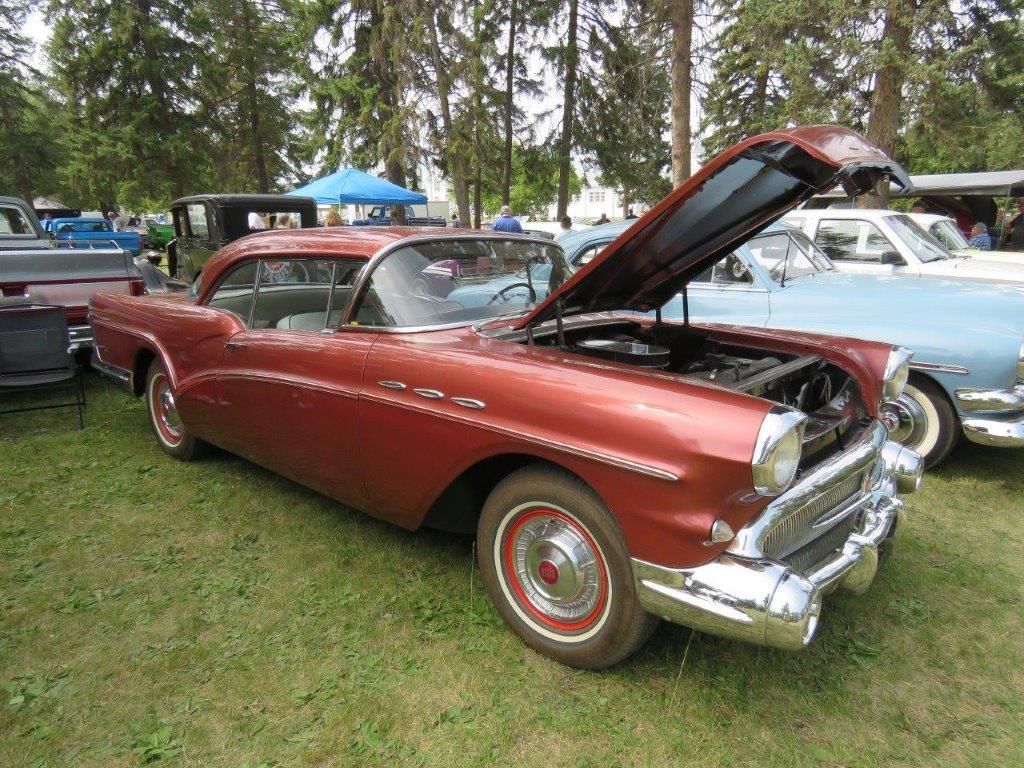 A red car with the hood up is parked in the grass.