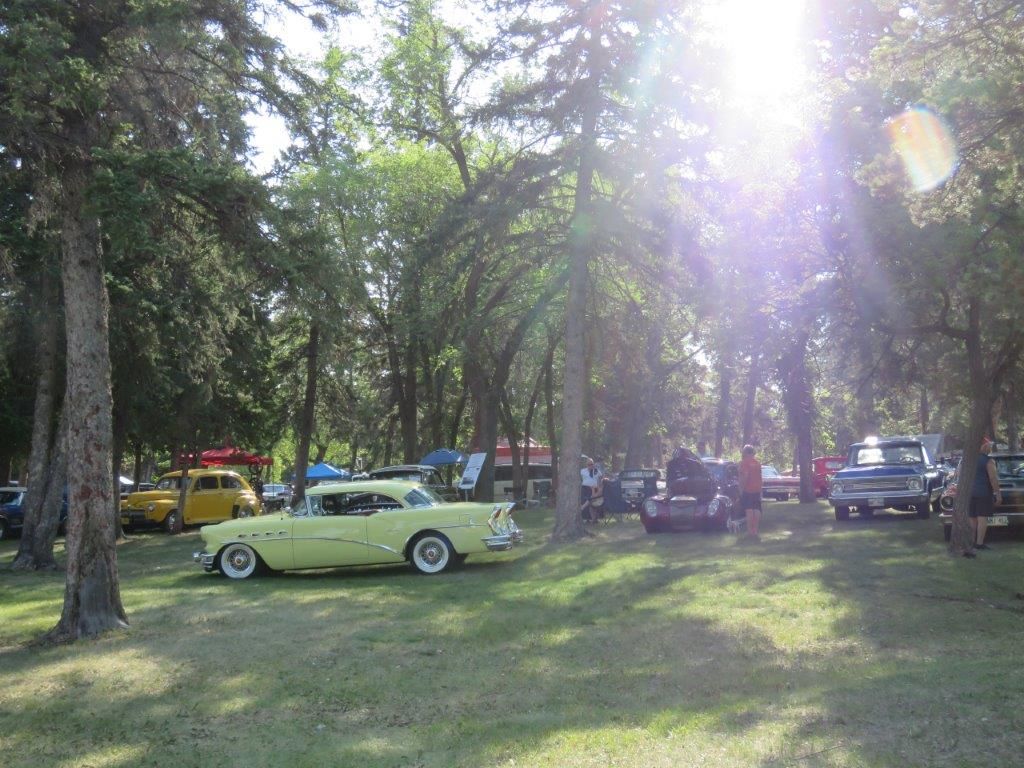 A yellow car is parked in a grassy area surrounded by trees.