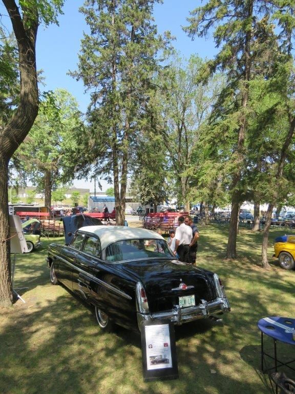 A black car is parked in a park surrounded by trees.