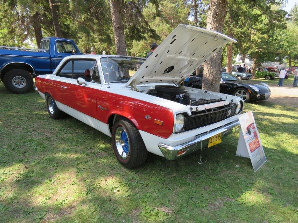 A red and white car with the hood up is parked in the grass.