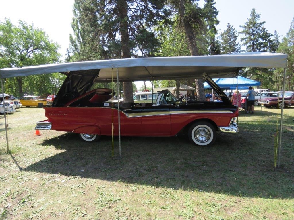 A red car with a canopy on top of it is parked in a grassy field.
