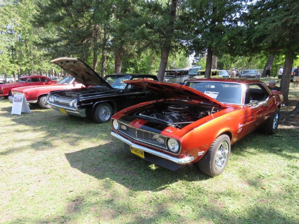 Two old cars are parked in a grassy field with their hoods up.