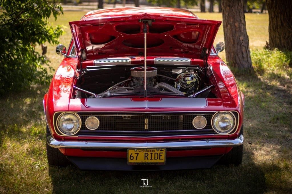A red car with the hood open is parked in the grass.