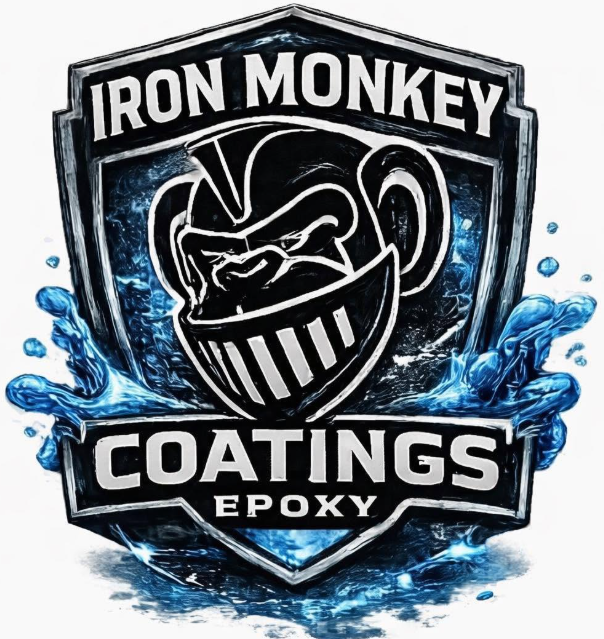 Iron Monkey Coatings Epoxy logo with a snarling monkey face and blue paint splashes