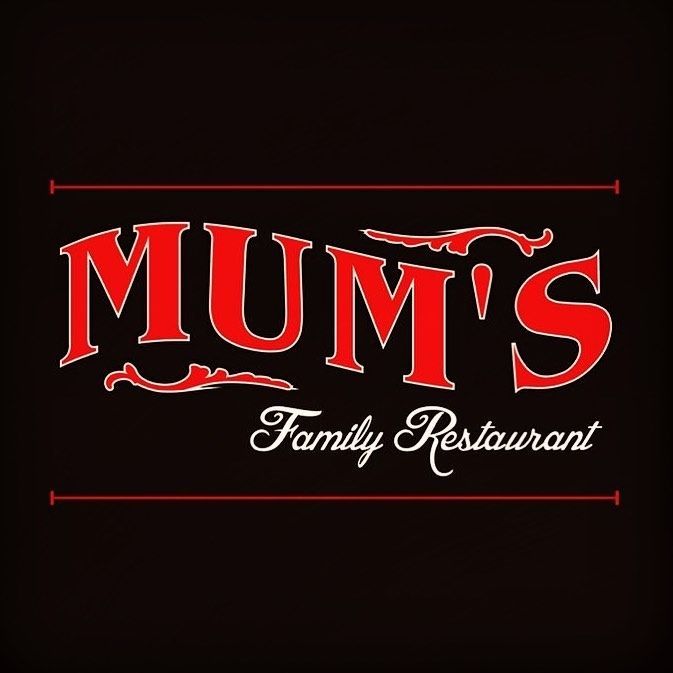 The logo for mum 's family restaurant is red and white on a black background.