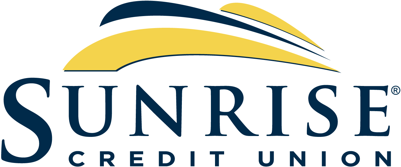 The logo for sunrise credit union is blue and yellow