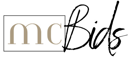 McBids logo in beige and black, with stylized script lettering on a white background