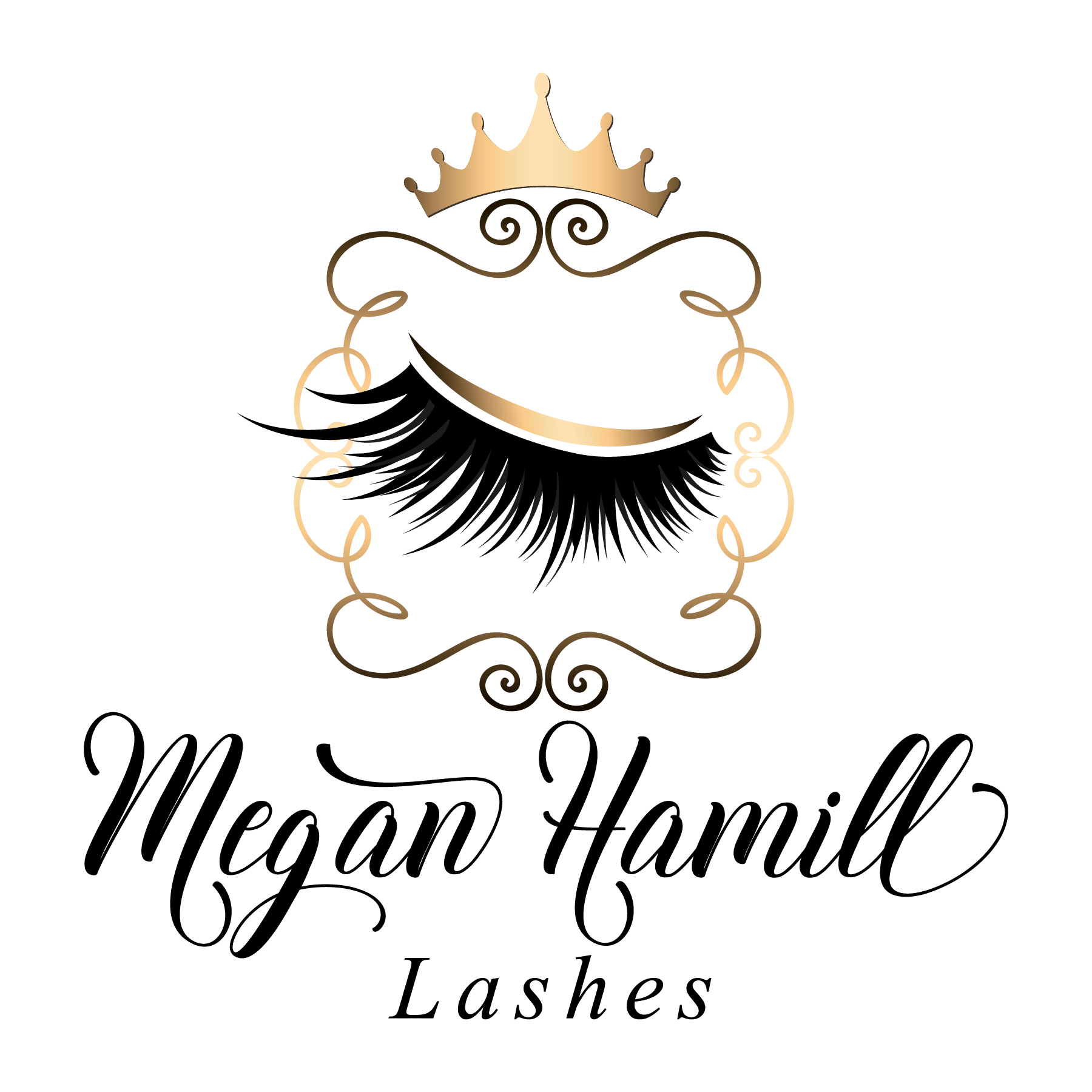 A logo for megan hamill lashes with a crown on it.