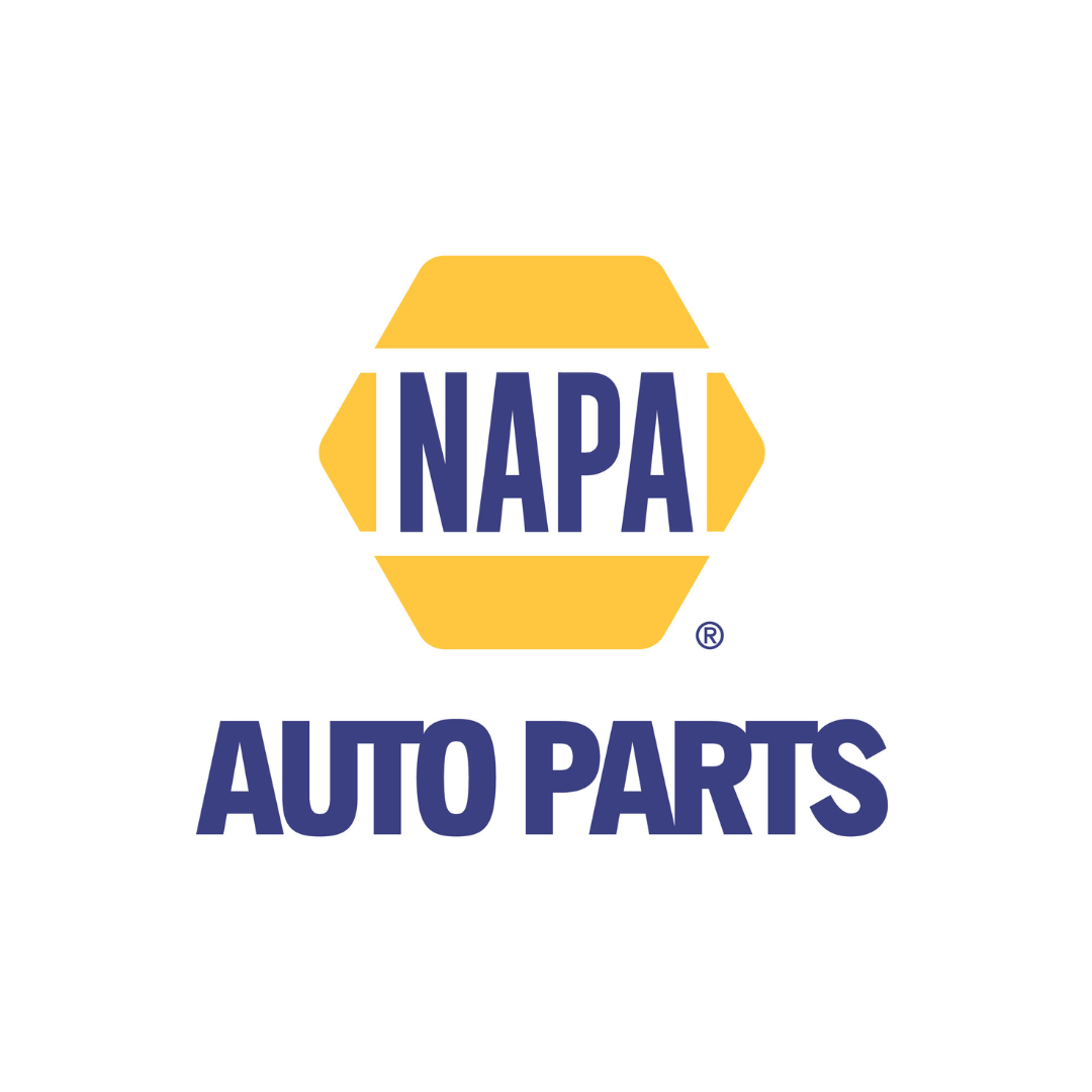 The napa auto parts logo is yellow and blue on a white background.