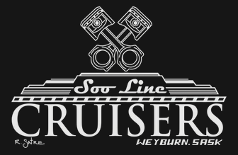Cruise Line Cruisers logo with black background, chrome engine pistons, and Weyburn, Sask.