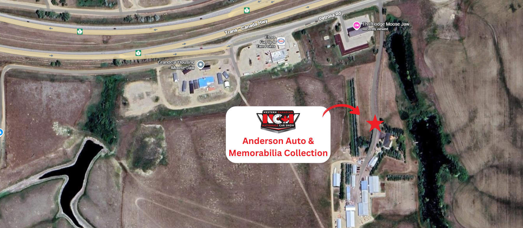 Aerial view of Anderson's Auto & Memorabilia Collections, indicated by a WCN marker and a logo. Nearby is a highway and a body of water.