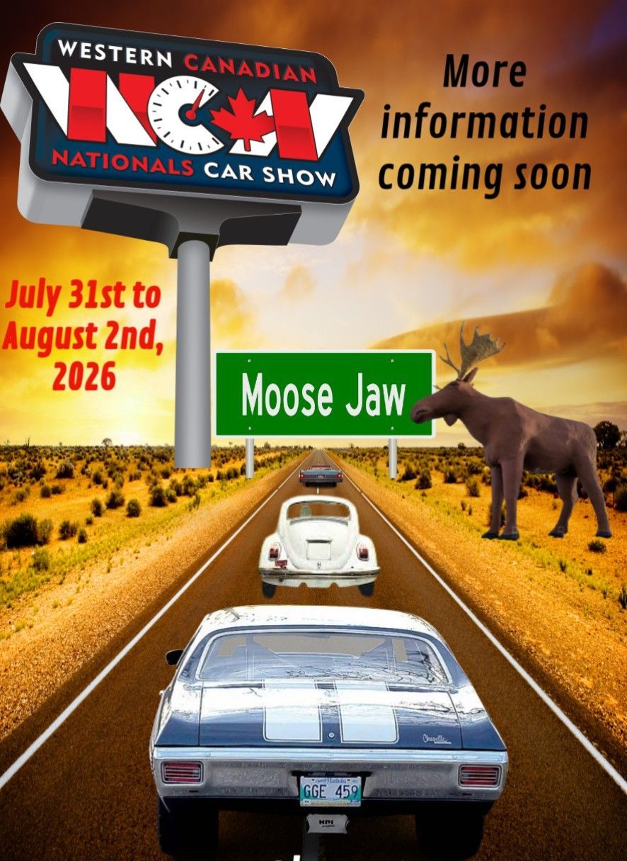 Car show advertisement: classic cars on a highway leading to a