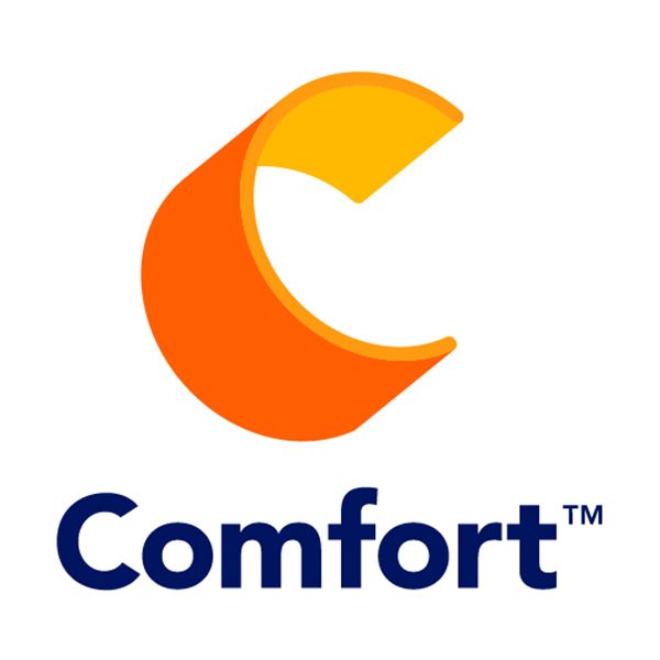 Comfort logo with orange and yellow crescent icon above blue text