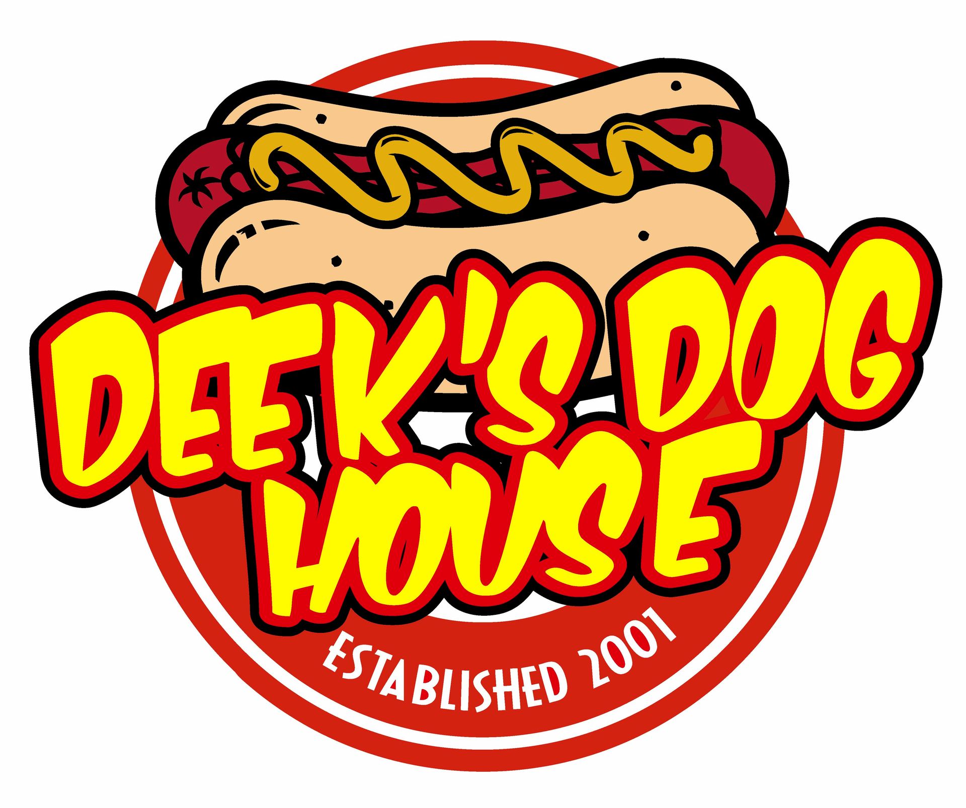 The logo for deek 's dog house shows a hot dog with mustard on it