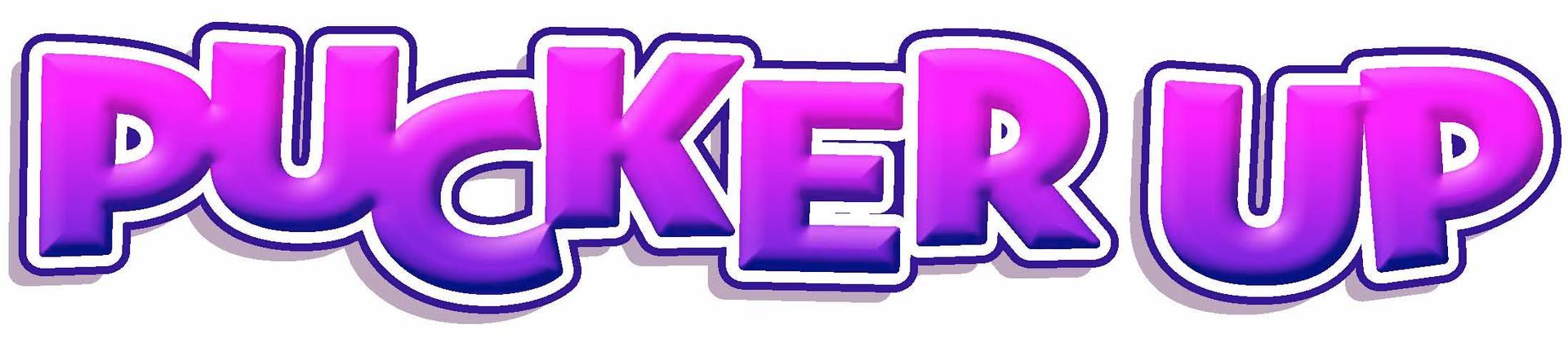 The word pucker up is written in purple letters on a white background.