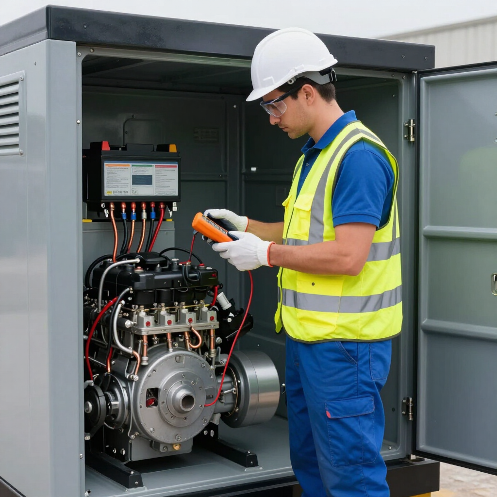 Technician in safety gear inspecting electrical equipment in an open outdoor cabinet with a handheld tester