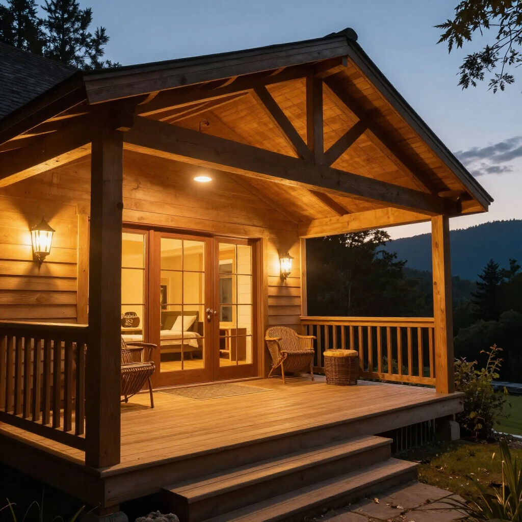 Cozy wooden cabin porch at dusk, lit warmly with chairs and a scenic mountain view
