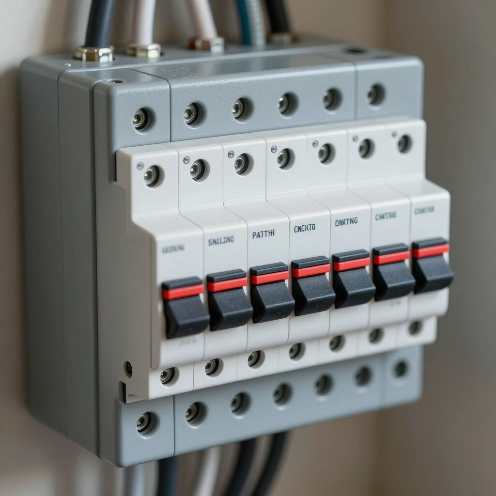 Gray electrical breaker panel with six white circuit breakers and red-black switches mounted on a wall.