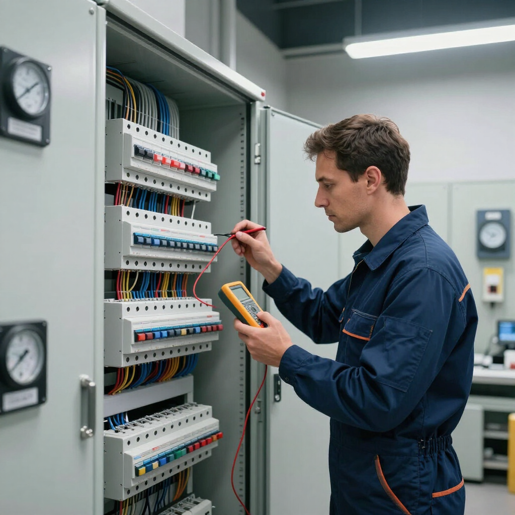 Technician testing circuit breakers in an electrical control panel with a multimeter