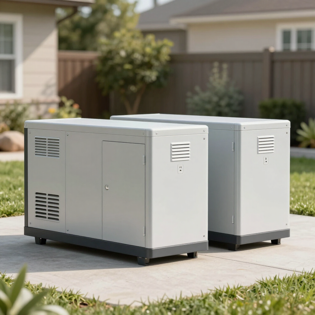 Portable generator on a concrete patio outside a log cabin, with black frame and gray casing.
