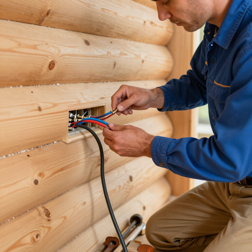 Electrician wiring an outlet in a log cabin wall with red and blue cables