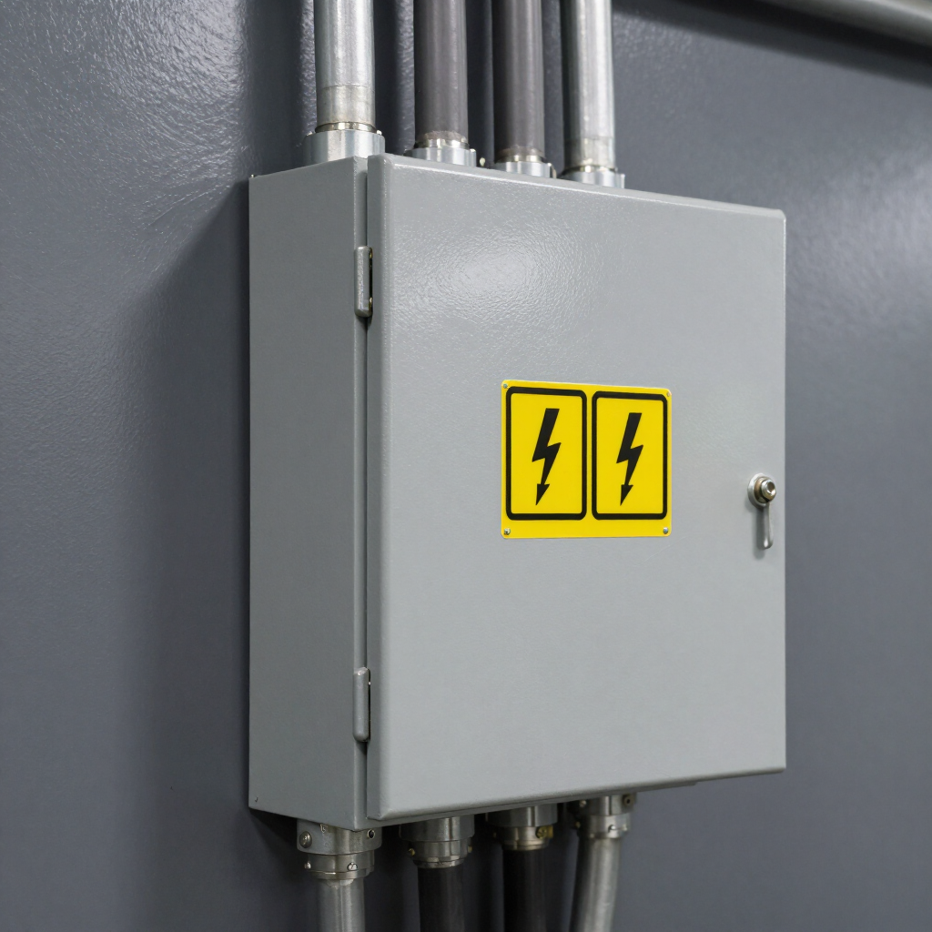 Gray electrical control panel with yellow warning symbols and conduit pipes attached to a wall