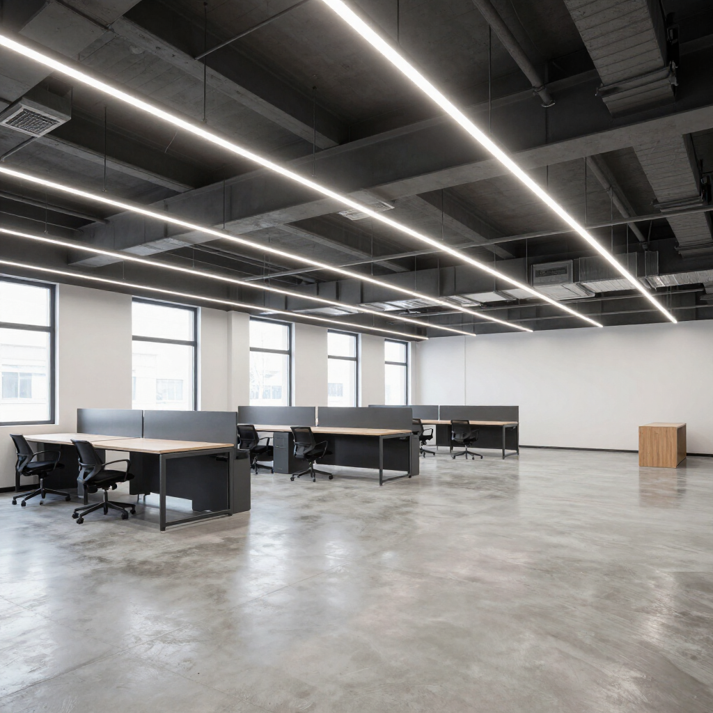 Empty modern office with long desks, black chairs, concrete floor, and bright linear ceiling lights
