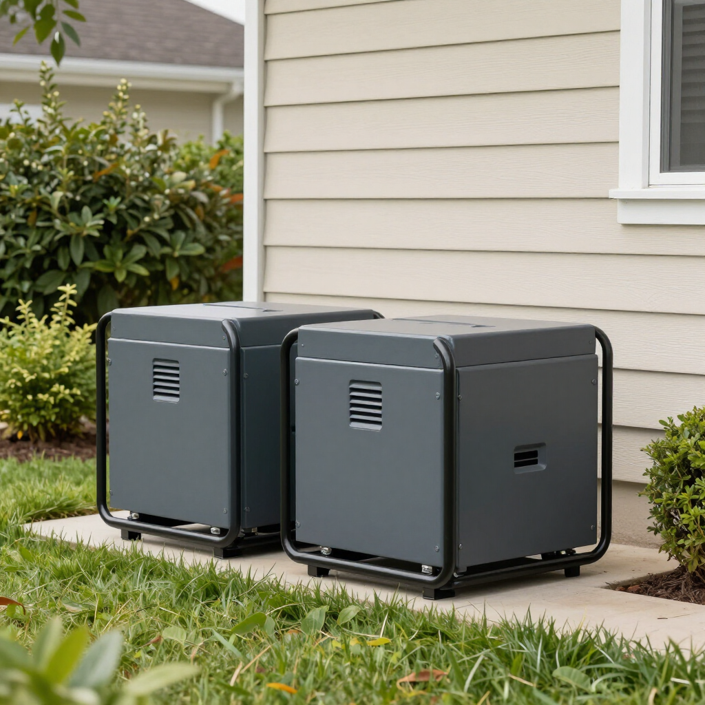 Yellow portable generator on a wheeled frame outside a brick building.