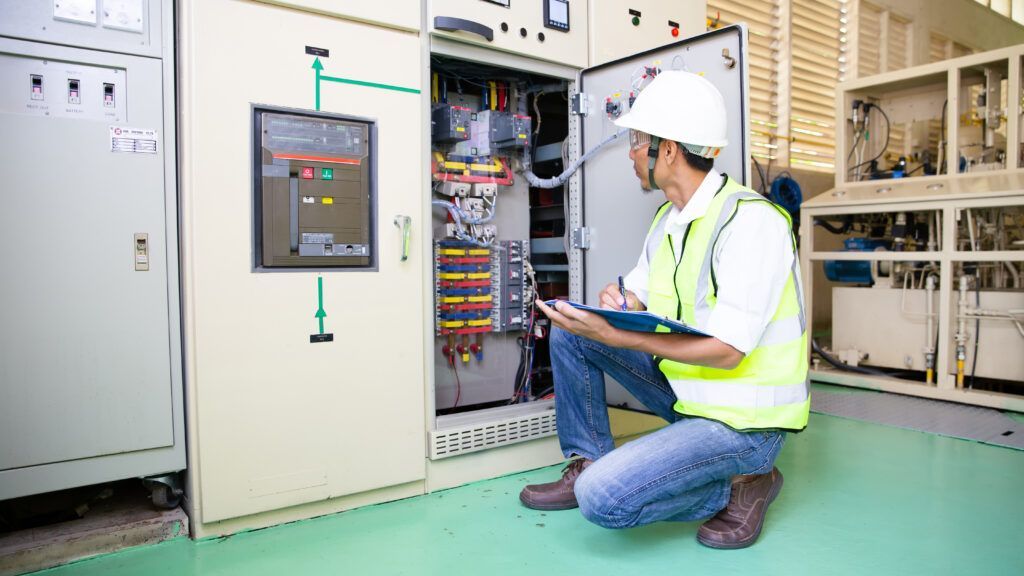 Technician kneeling beside an open electrical control panel in an industrial room, wearing hard hat and safety vest