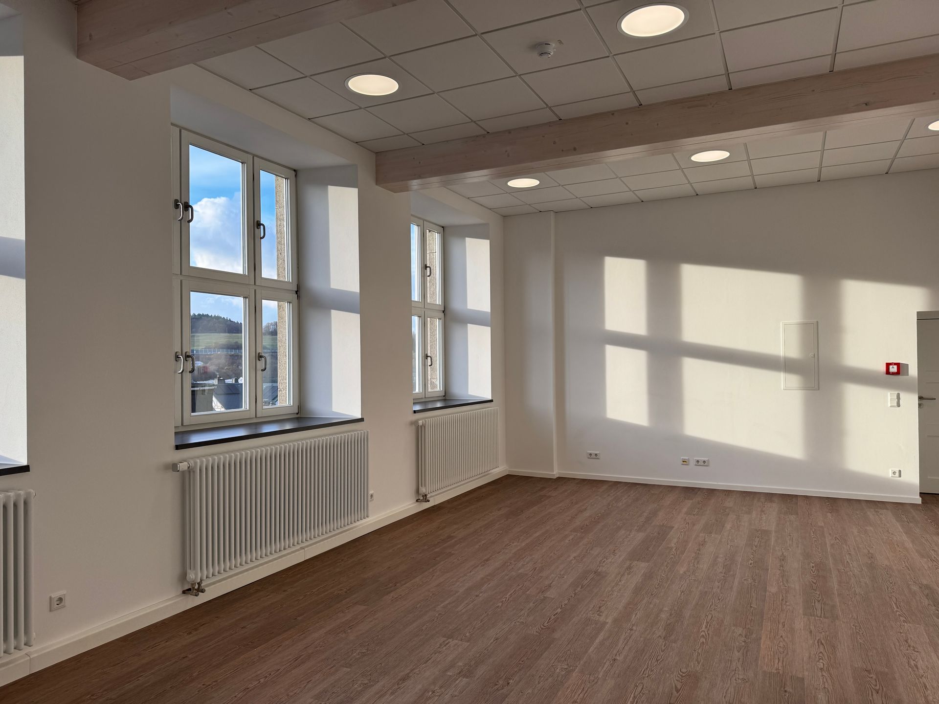 Ein leerer, sonnendurchfluteter Büroraum mit weißen Wänden, Holzbodenoptik, mehreren Fenstern und einer abgehängten Decke.