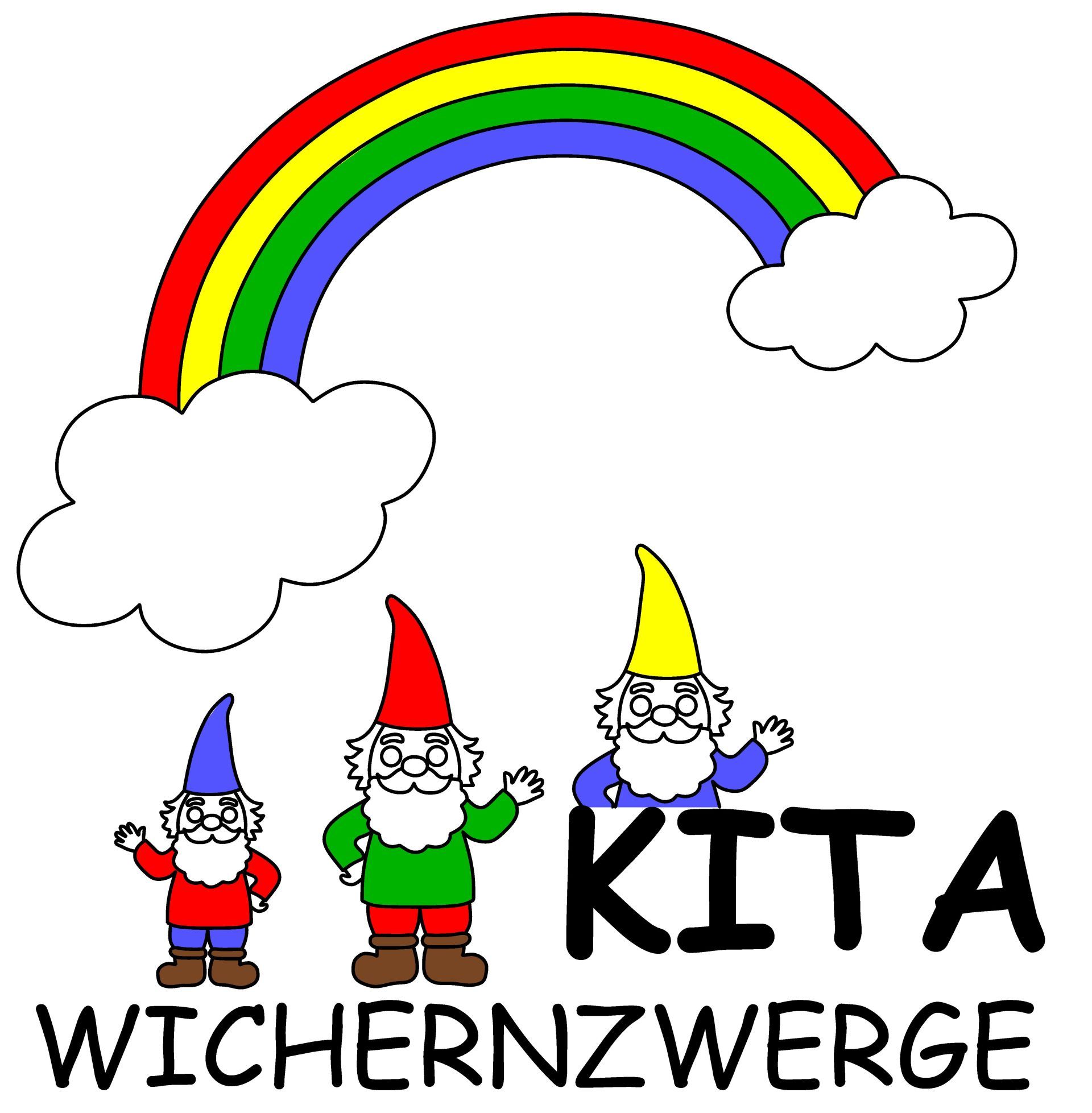 Ein bunter Regenbogen über drei winkenden Gartenzwergen, darunter der Text 