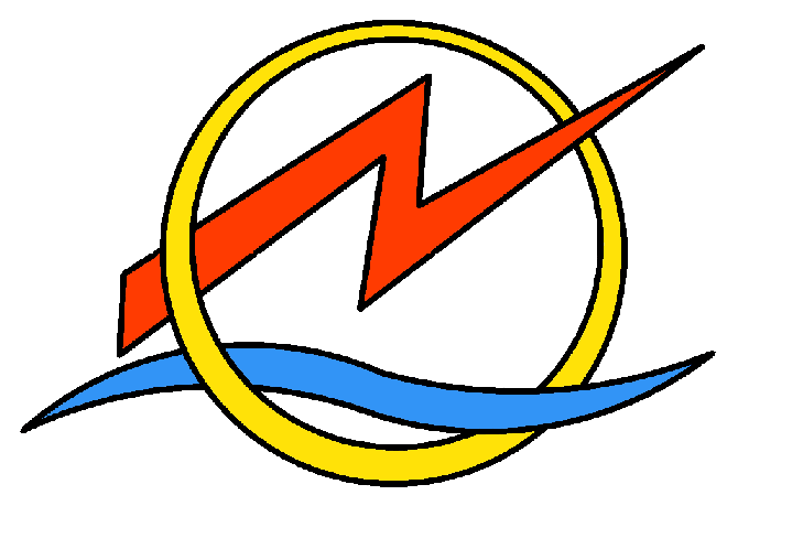 Ein orangefarbener Blitz in Form eines Blitzes innerhalb eines gelben Kreises über einer stilisierten blauen Welle.