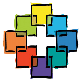 Ein Logo mit acht farbigen, sich überlappenden Quadraten, die kreisförmig um ein zentrales weißes Kreuz angeordnet sind.