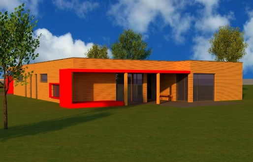 Ein modernes, eingeschossiges Gebäude mit holzgetäfelten Wänden und leuchtend roten architektonischen Akzenten, 