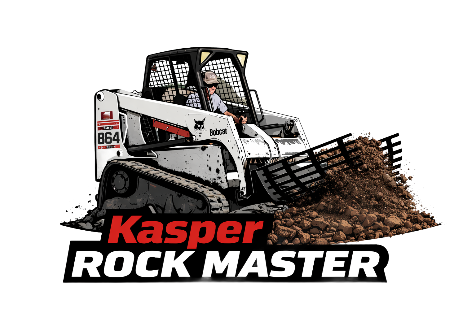 Bobcat skid steer pushing a pile of dirt, "Kasper Rock Master" logo at the bottom.