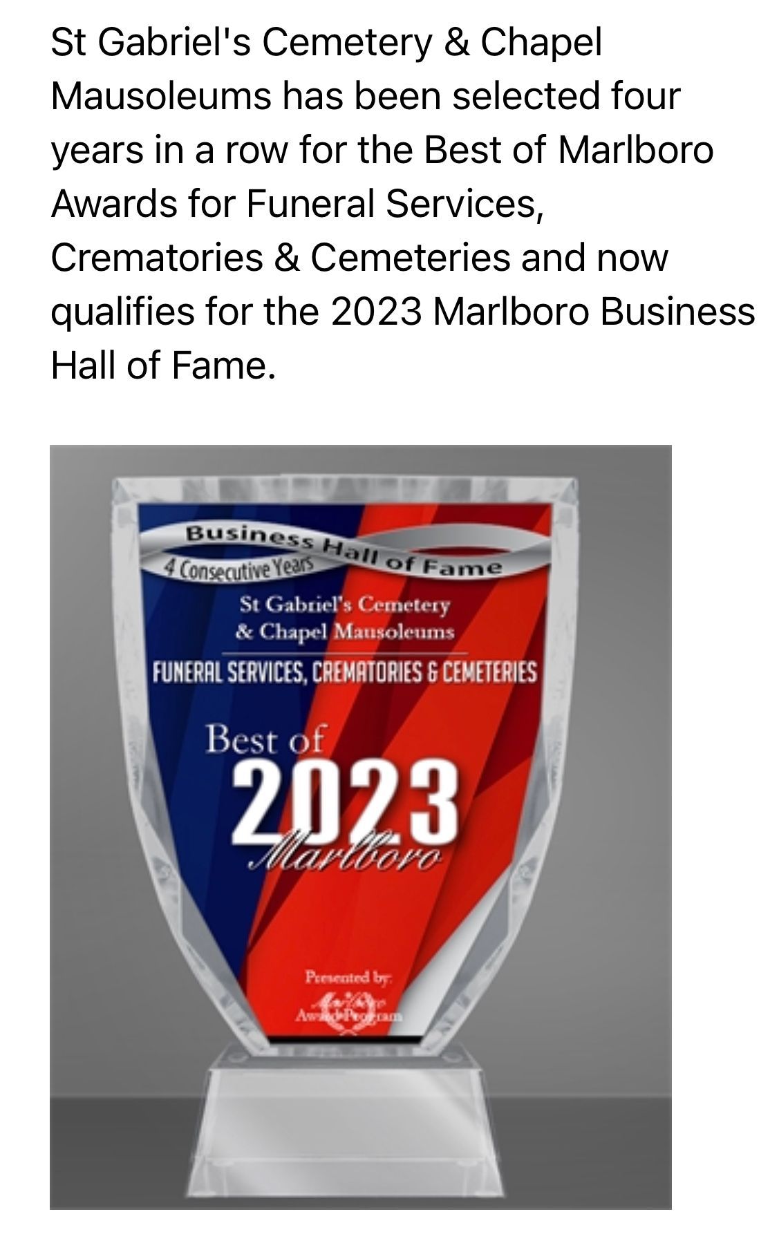 A Plaque That Says Best Of 2023 - Marlboro NJ - St. Gabriel's Cemetery and Chapel Mausoleums