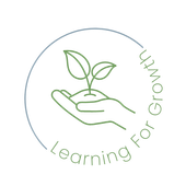 Learning for growth logo. A hand holding a small amount of soil with a plant with two leaves growing from it.