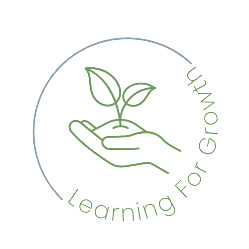 Learning for growth logo. A hand holding a small amount of soil with a plant with two leaves growing from it.