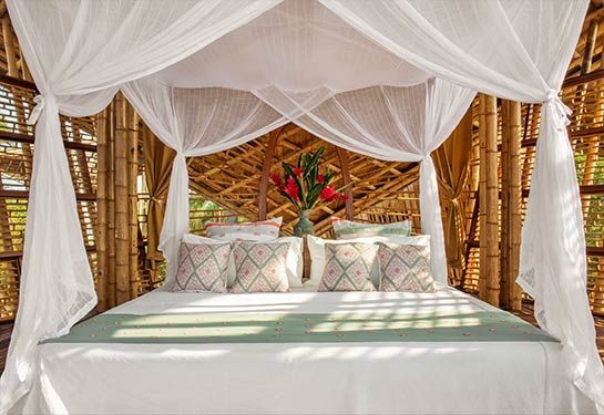 There is a bed with a canopy and a vase of flowers on it.