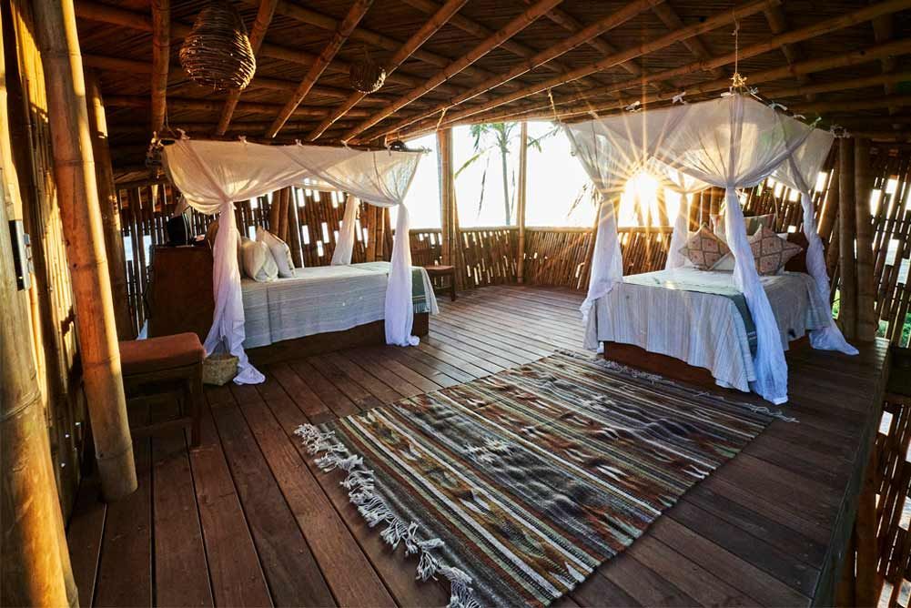A room with two canopy beds and a rug on the floor.