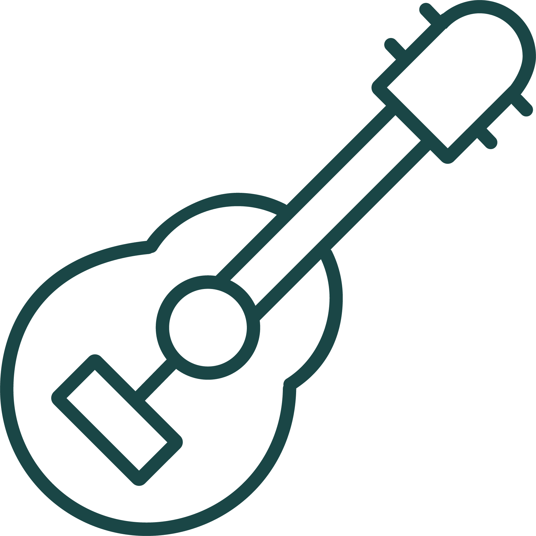 A line drawing of an acoustic guitar on a white background.