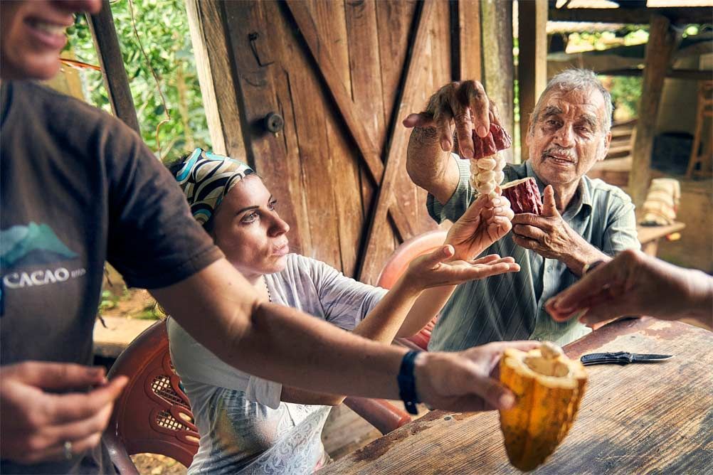 A group of people are sitting around a table holding a cacao pod.