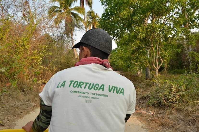 A man wearing a white shirt that says la tortuga viva