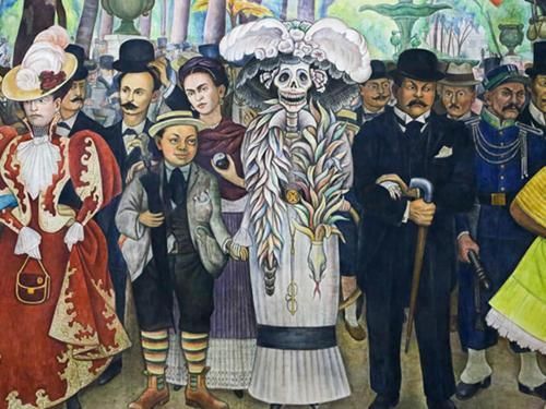 A painting of a woman dressed as a skeleton surrounded by people.