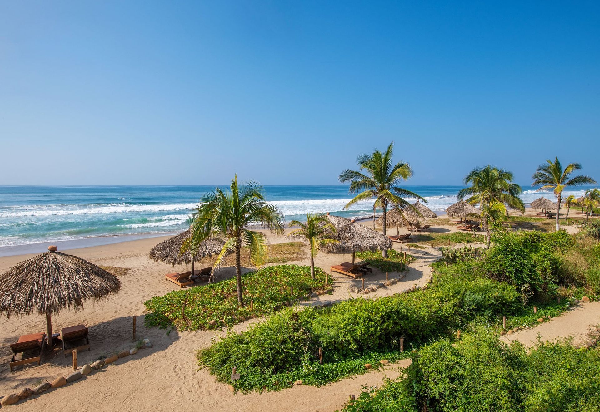 An aerial view of a beach with palm trees and umbrellas on a sunny day.