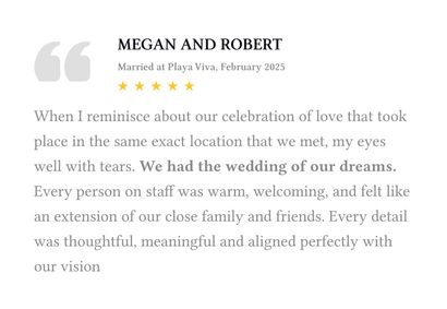 Testimonial quote card for Megan and Robert, with five gold stars and wedding review text on a white background