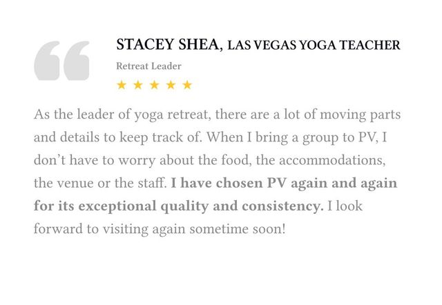 Testimonial quote from Stacy Shea, Las Vegas yoga teacher, praising PV venue for group events.