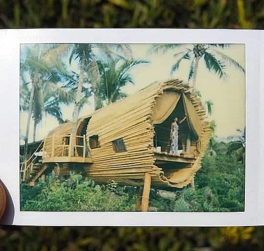 A person is holding a picture of a wooden house surrounded by palm trees.