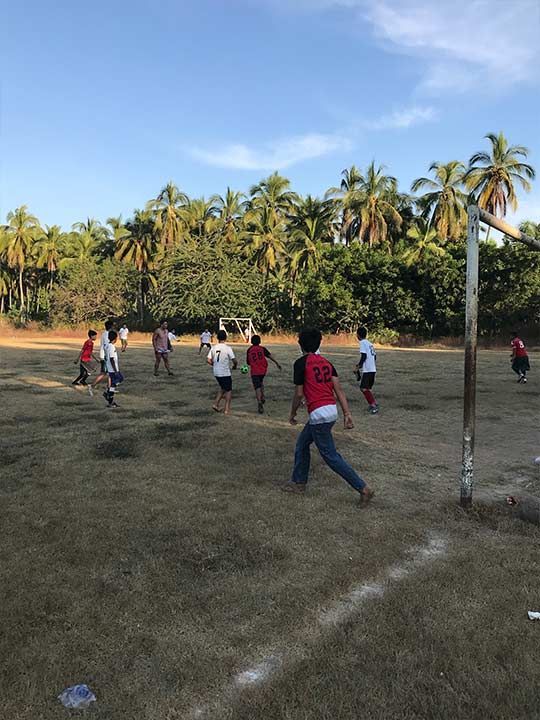 A group of children are playing soccer on a field.